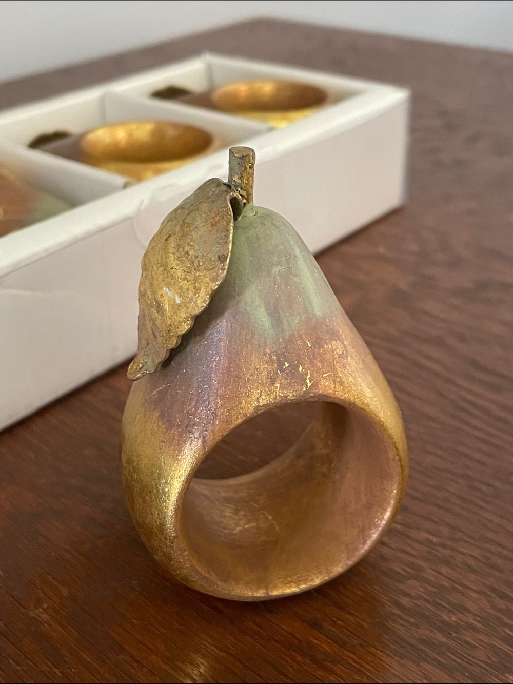 Gold and Green Pear Napkin Rings like new set of 6